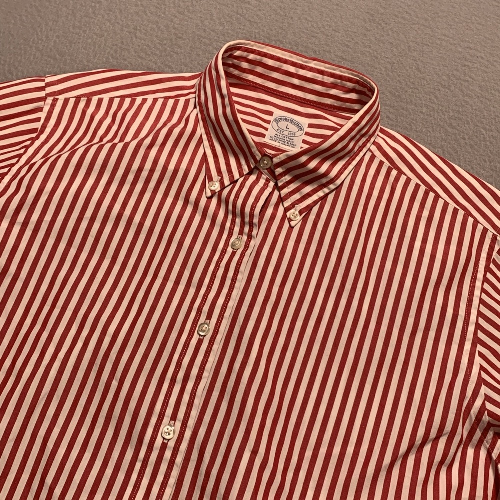 Brooks Brothers Friday Shirt Mens Large L Red White Butcher Stripe Poplin OCBD